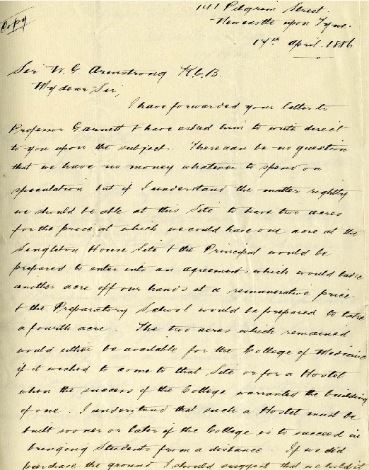 Page of a letter from Robert Spence Watson to W.G. Armstrong, 17 April 1886.