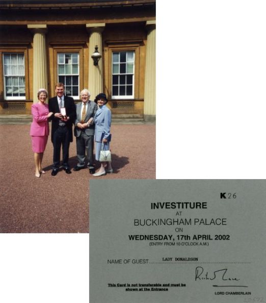 Invitation for Investiture at Buckingham Palace and Photograph of Sir Liam with his Knighthood - Sir Liam's wife Brenda, Lady Donaldson's invitation regarding his Knighthood. Photograph shows Sir Liam with his wife Brenda, father “Paddy”, and mother June after receiving his Knighthood. c. Apr 2002