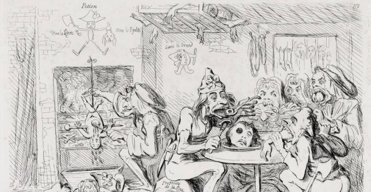 Satirical cartoon, depicts a grotesque French family, representing the popular portrayal of the sub-human  sans-culottes; depraved, malnourished, hairy, child-eating and with teeth and nails filed to points.