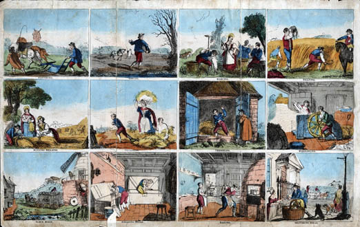 Illustration split up into different stages to show the bread-making process; ploughing, sowing, hoeing, reaping, binding sheaves, threshing, gleaming, winnowing, flour mills, kneading dough, baking and delivering bread