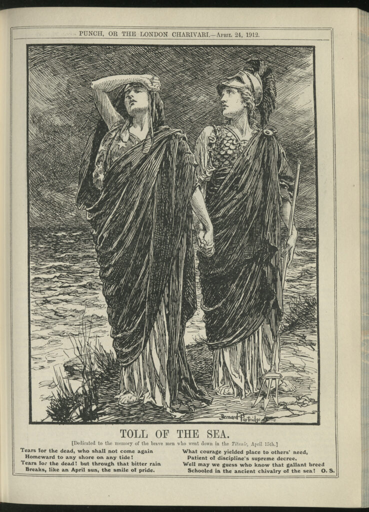 Page from Punch magazine showing two women holding hands dressed in Roman attire with a dedication written underneith.