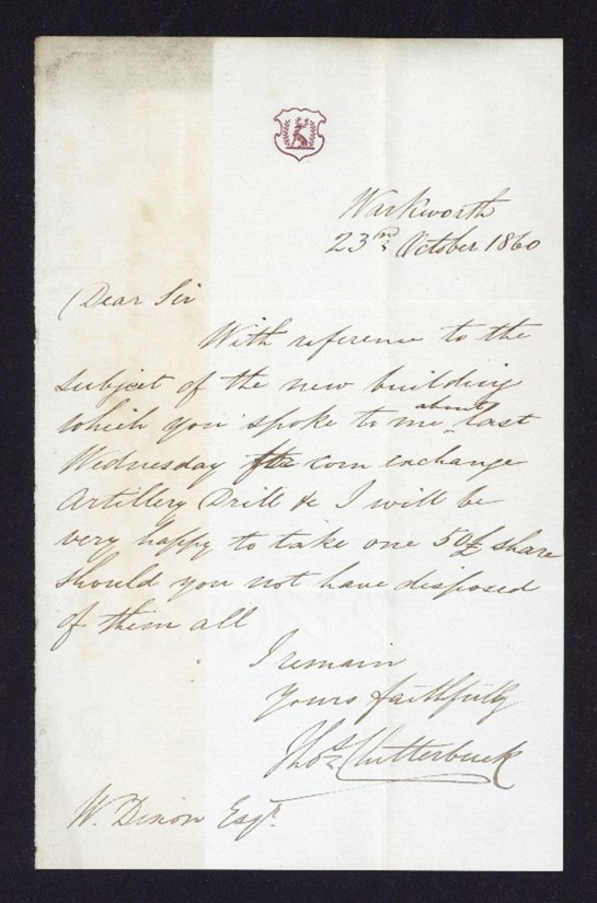 A fundraising pledge letter for the building of the Alnwick Corn Exchange, 1860. W Dixon of Warkworth pledges to take one £50 share in the Exchange building.