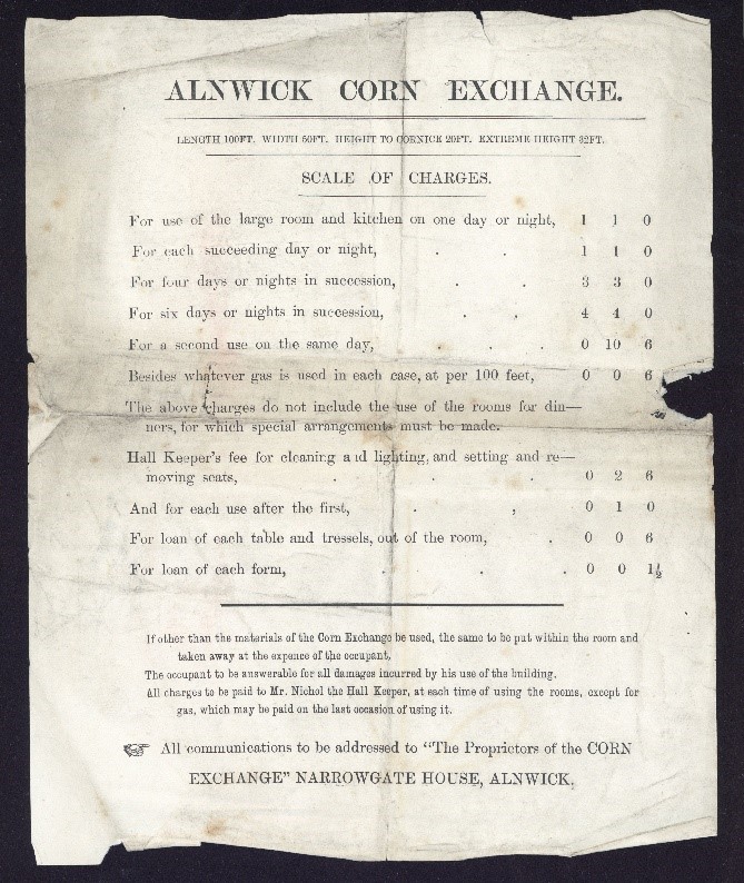 Scale of Charges at Alnwick Corn Exchange, 1862.