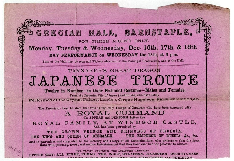 A flyer for an act playing in Barnstaple, part of correspondence making arrangements for the act to visit Alnwick.