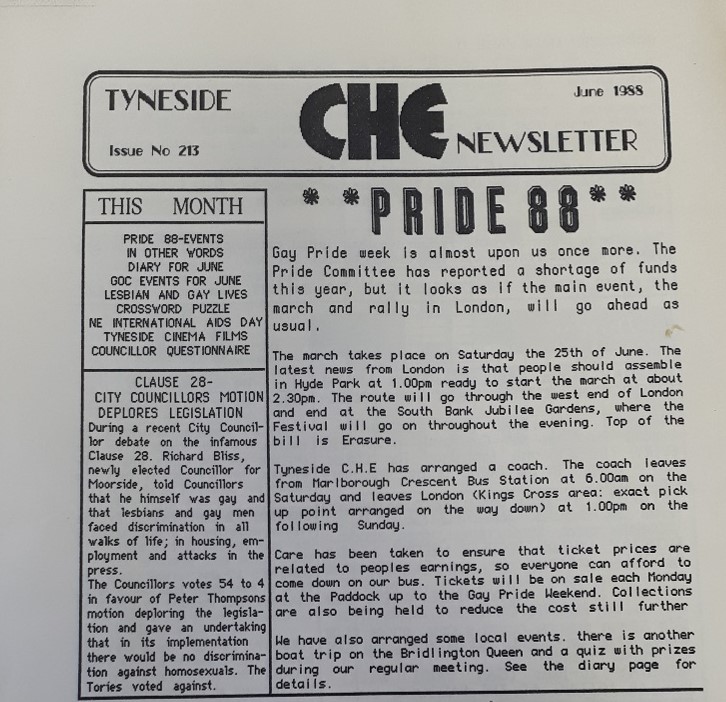 Tyneside CHE Newsletter front page article advertising the organised trip to London Pride and the sale of coach tickets, June 1988, Issue 213