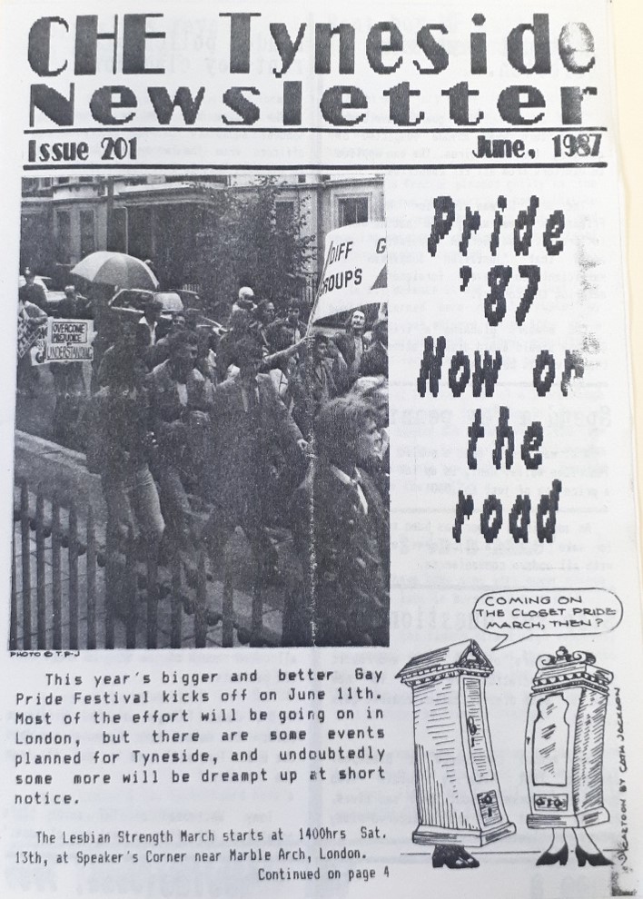 CHE Tyneside Newsletter promoting Pride, June 1987, Issue 201