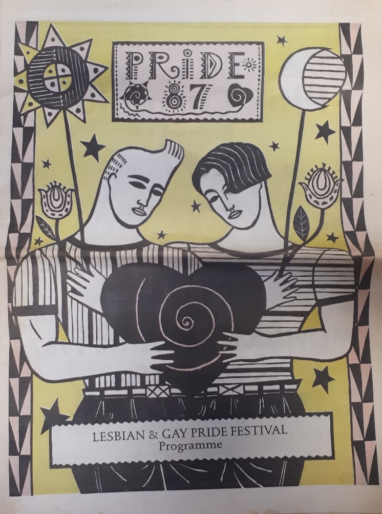 Pride 1987 Festival Programme, showing an illustration of 2 people holding a love heart