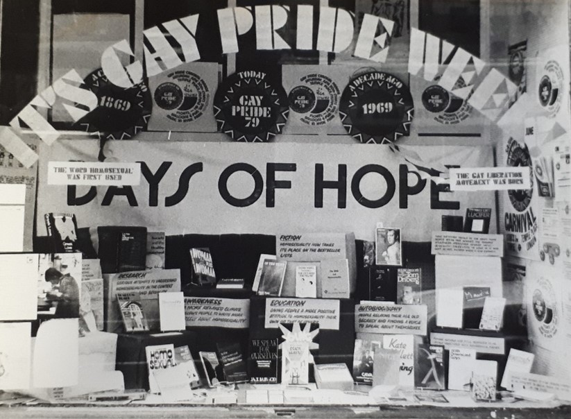 Photograph of a display celebrating Gay Pride Week 1979.