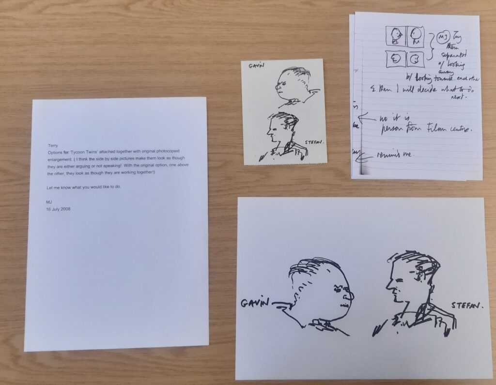 Photograph of a selection of 4 items from the Sir Terry Farrell Archive, including a typed memo, notes and two drawing of caricatures of side portraits.