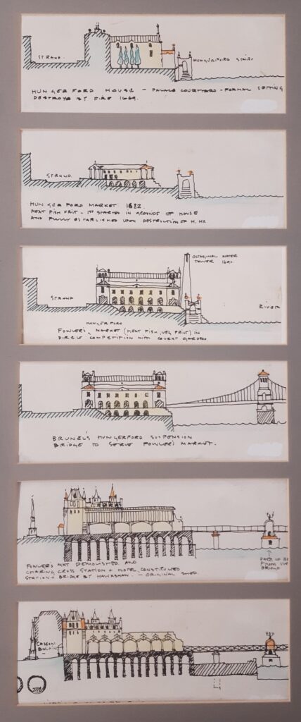 Photograph containing 5 sketches of the development of the Hungerford Bridge from 1669-20th century.