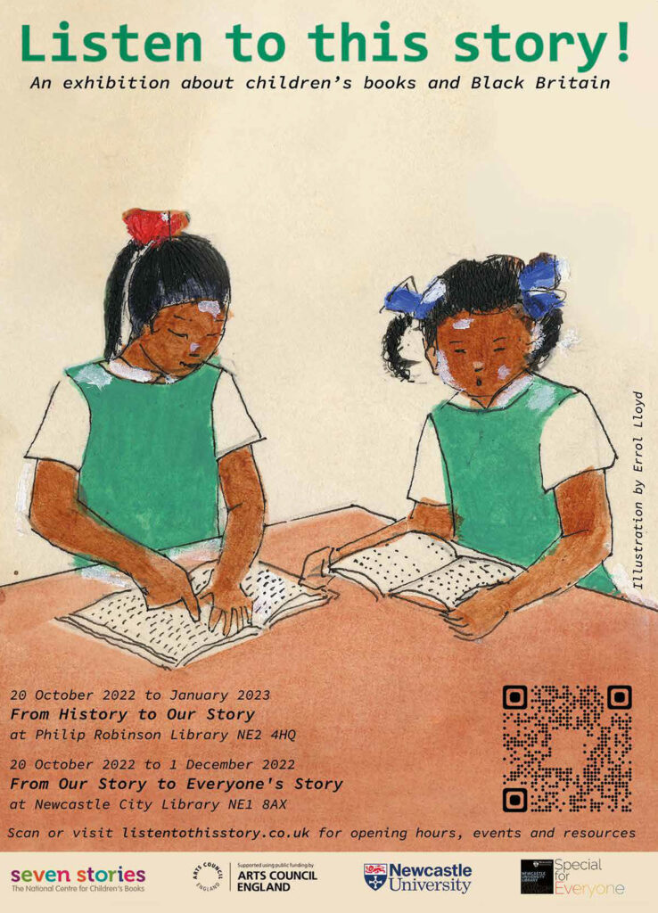 Listen to this Story! exhibition poster, featuring an illustration of 2 black girls dressed in white t-shirts with a green pinafore dress over the top, reading books on a brown table