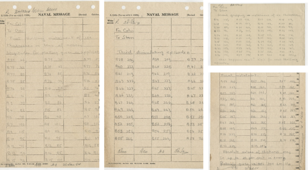 Group of 4 images. Naval message listing of ice thickness measurements