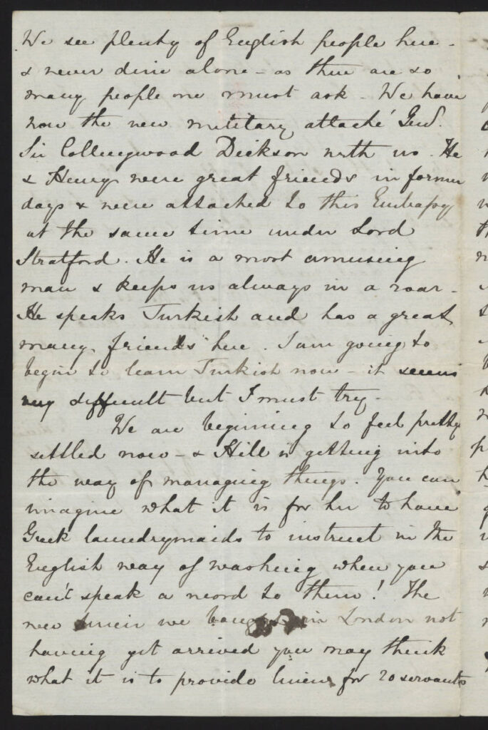 An excerpt from a letter from Lady Enid Layard to her sister, dated 29th December 1869, discussing how they are feeling settled in Constantinople now, and how she will endeavour to learn Turkish despite being concerned as to its difficulty