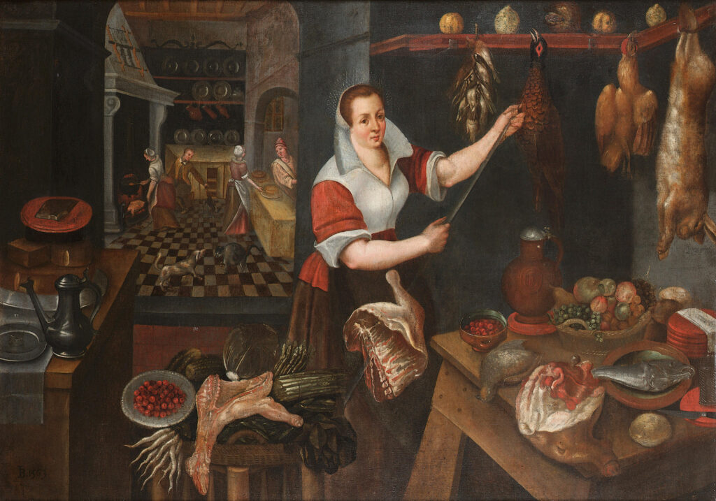 A kitchen interior with a young maid hanging carious meats, figures preparing food beyond, oil on canvas, circle of Jan Baptist Saive, 1563