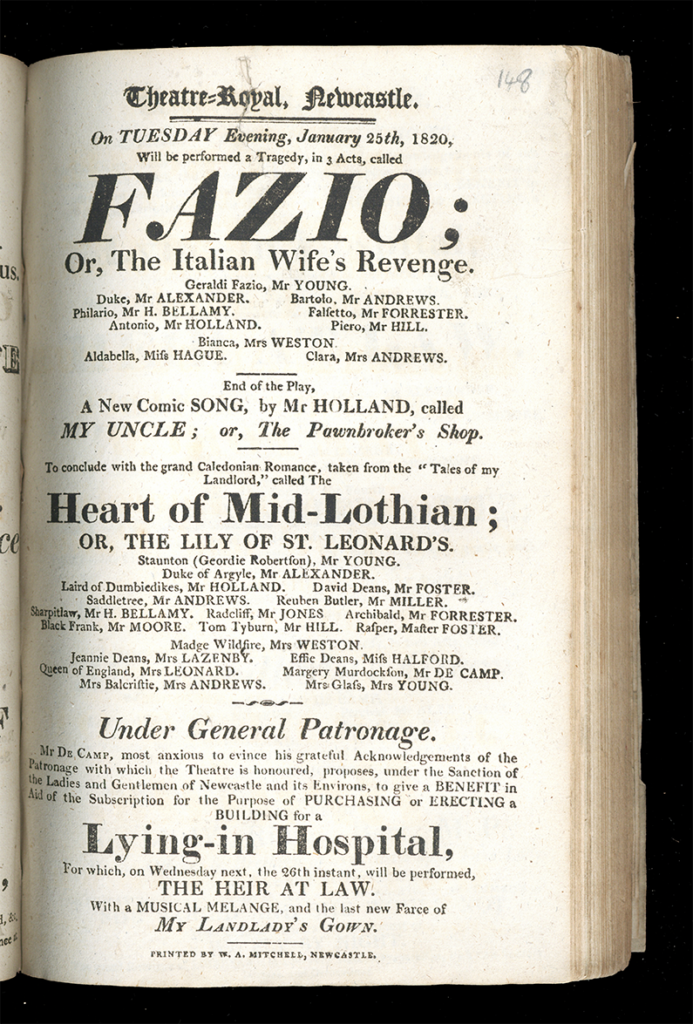  Page from Play bills and notices, 1770-1820, with the title 'Fazio; or, the Italian Wife's Revenge.'