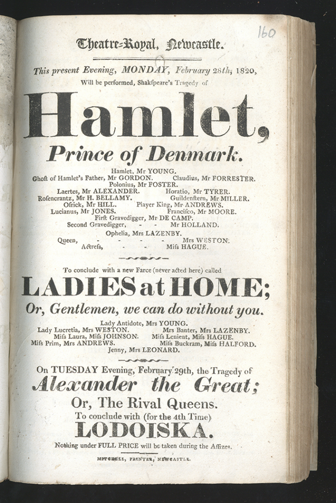 Page from Play bills and notices, 1770-1820, with the title 'Hamlet, Prince of Denmark'