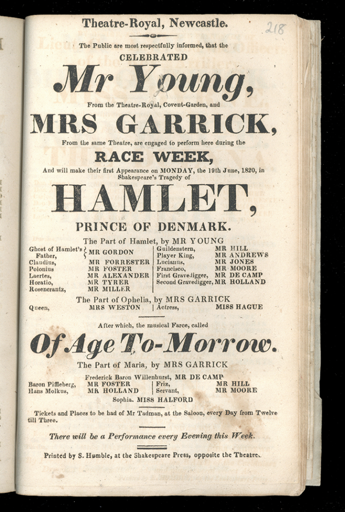 Page from Play bills and notices, 1770-1820 with the title 'Mr Young and Mrs Garrick, Hamlet, Prince of Denmark'