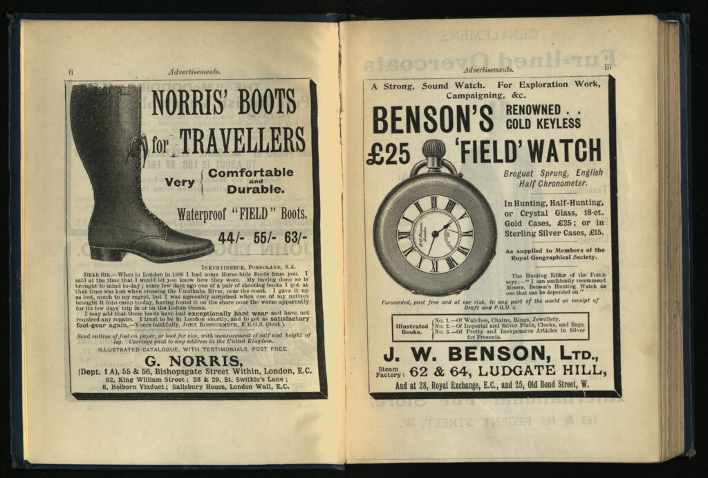 2 pages from Hints to Travellers: Scientific and General (Vol. 1), left page depicts an advert for 'Norris' Boots for Travellers, and the right page depicts an advert for 'Benson's £25 'field' watch