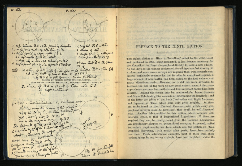 Pages from Hints to Travellers: Scientific and General (Vol. 1) showing Bell's handwritten notes and diagrams