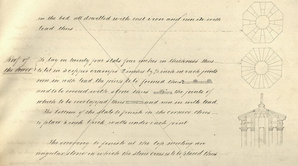 Page of specifications and diagrams for the ‘octangular’ tower, which have been crossed out in pencil