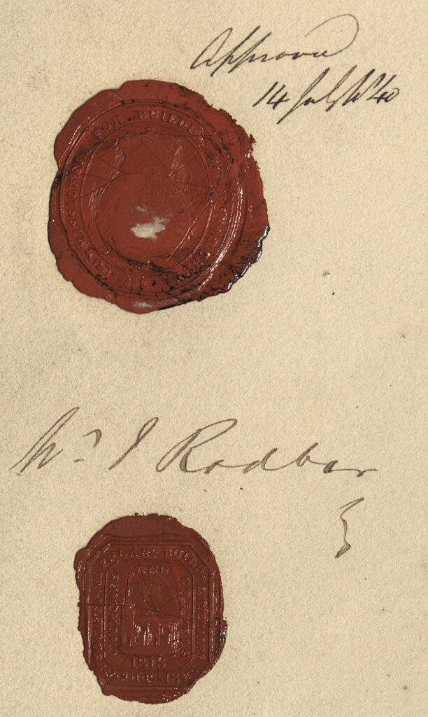 The seals which appear on all of the plans and estimates. Signed by W. J. Rodber