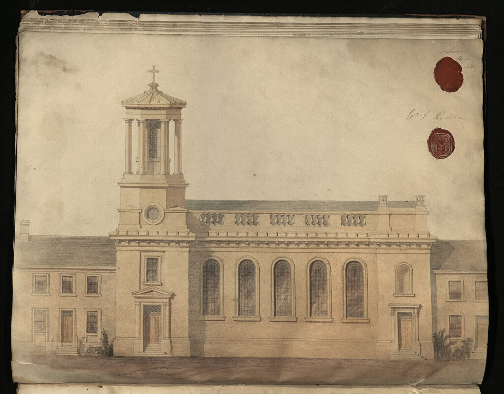 Watercolour visualisation of the proposed chapel (Rare Books, RB-726-41-DOB).