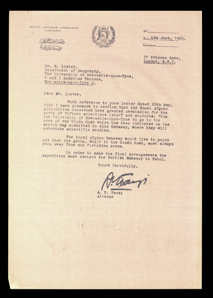 
Embassy letter of acceptance for the team to undertake their scientific study in Afghanistan - University Archives D144 