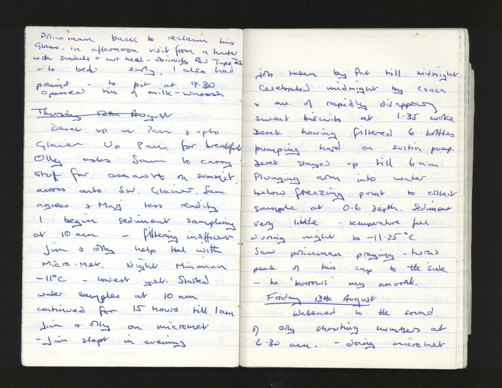 Howard's personal memo book describing activity on the glacier – University Archives D144. 