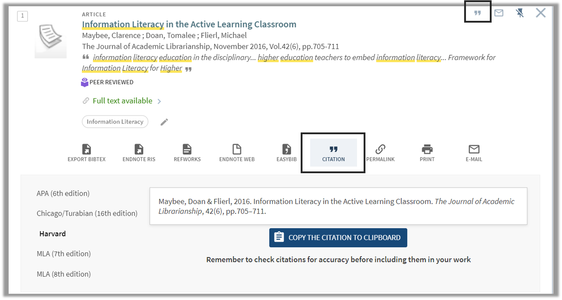 Image showing the citation button in Lbrary Search