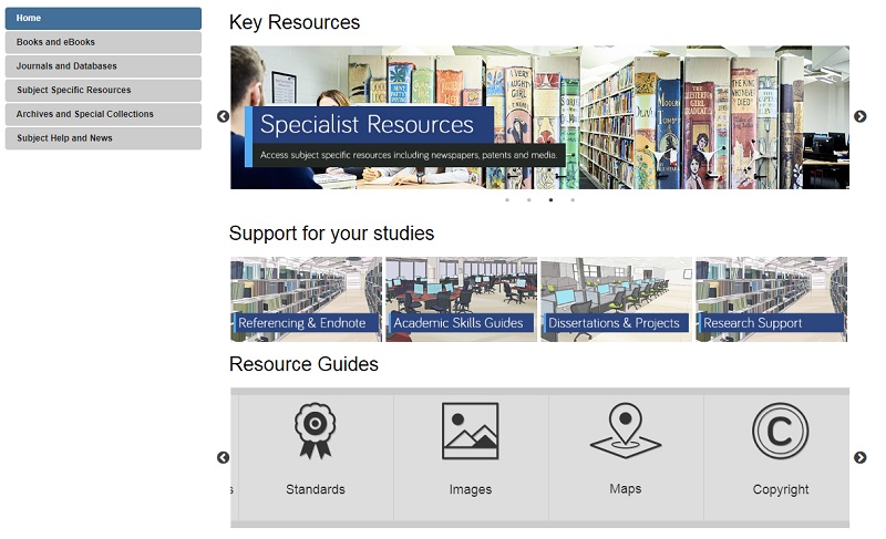Screen capture of a Library Subject Guide, showing various tabs and resource links.