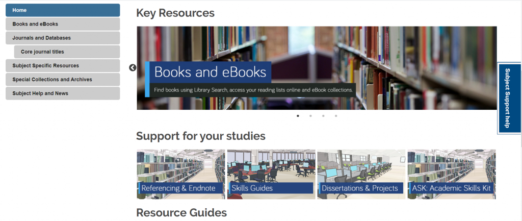 Screenshot showing the subject guide homepage.