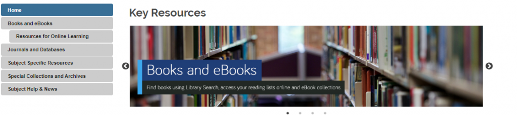 Image of the navigation menu displayed in subject guides. It contains a home page, books and e-books, resources for online learning, journals and databases, subject specific resources, special collections and archives, subject help and news.