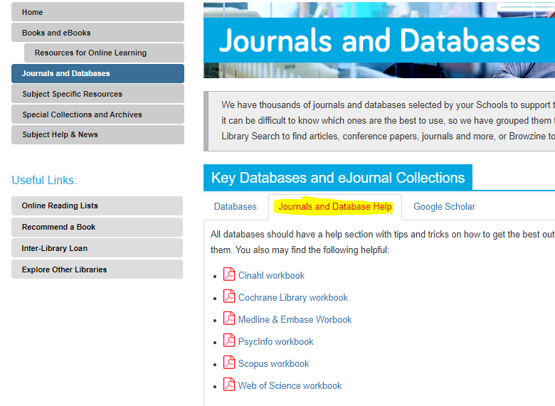 Image displaying the contents of the middle tab in the Journals and Databases section. It contains a list of PDF workbooks with instructions to databases.