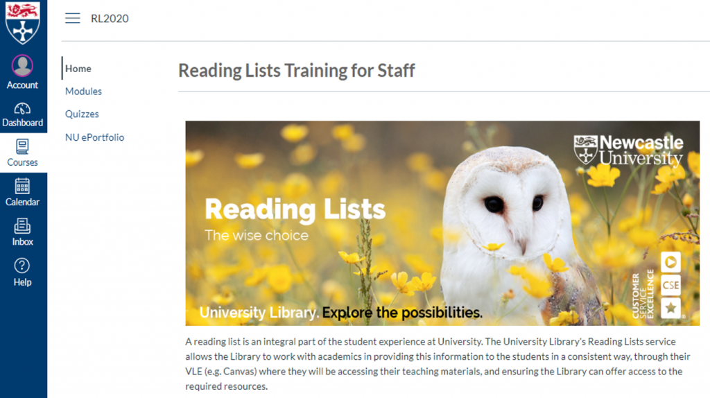 An image of the Canvas-based Reading Lists Training for Staff home screen.