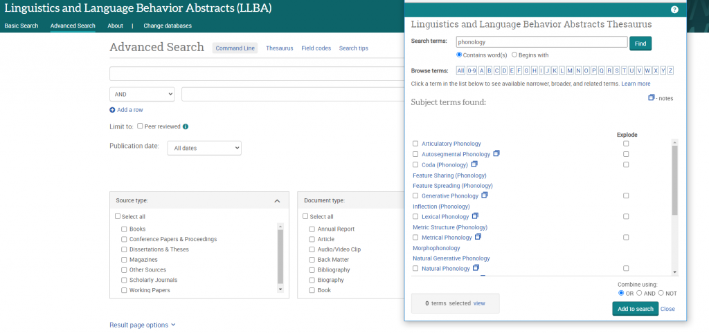 Screen shot showing the LLBA thesaurus and advanced search screen.