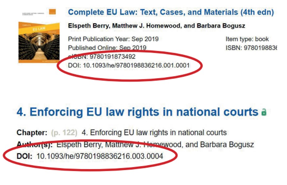 An image showing the DOI for a Law Trove book and book chapter.