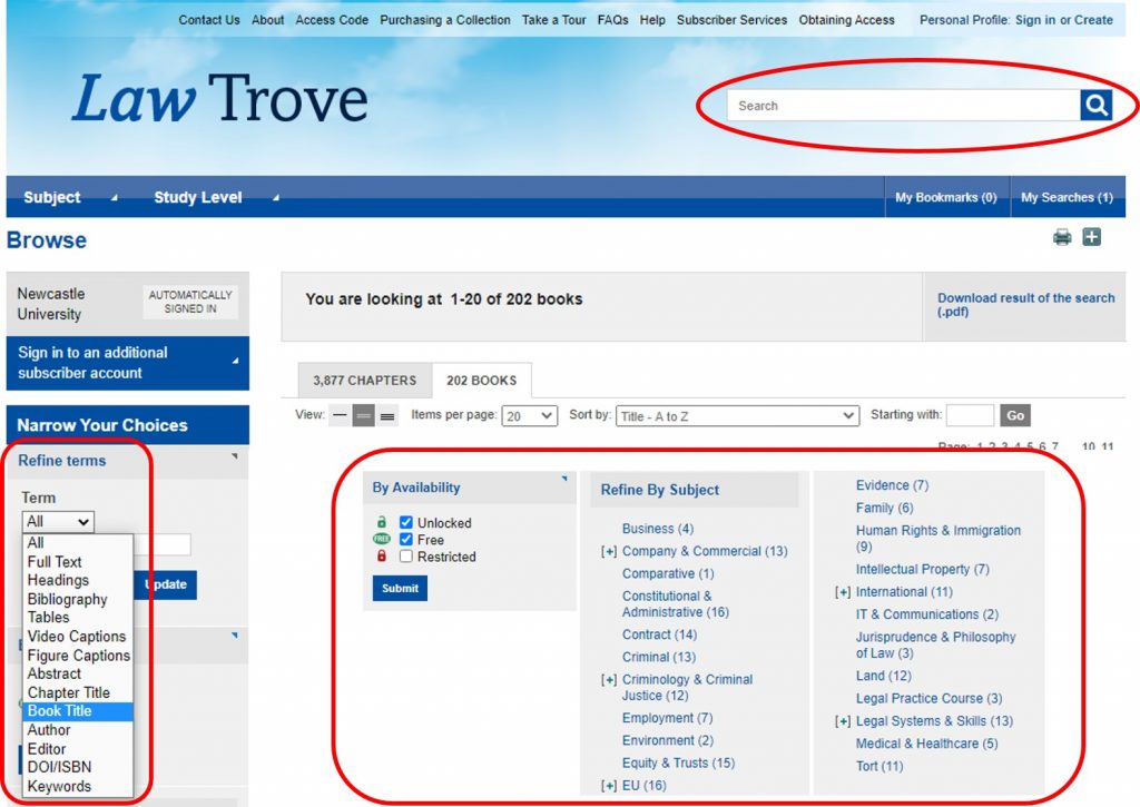 A screenshot showing a composite of different search types in OUP Law Trove.