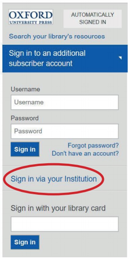 An image of the direct sign-in option on OUP Law Trove's homescreen,