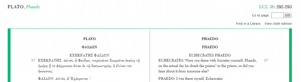 Screenshot showing the left and right hand pages from a Loeb edition of Plato's Phaedo.