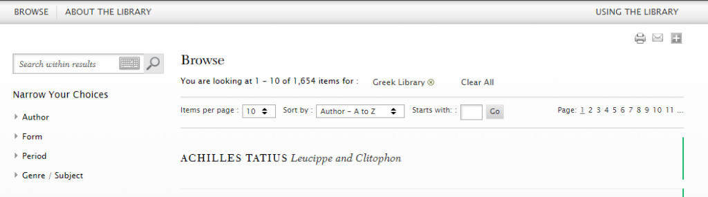 Screenshot showing the Loeb 'Browse' page for Greek Works.
