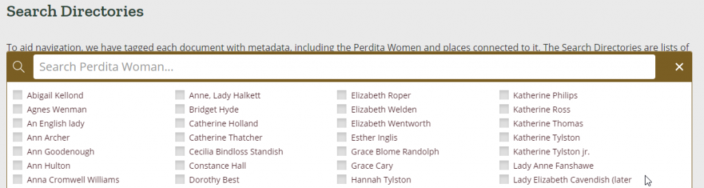 Screenshot showing the terms lists within the Search Directory of Perdita Manuscripts.