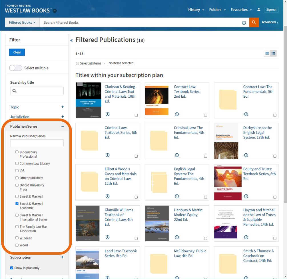 An image of the Westlaw Books screen with a Sweet & Maxwell Academic filter selected.
