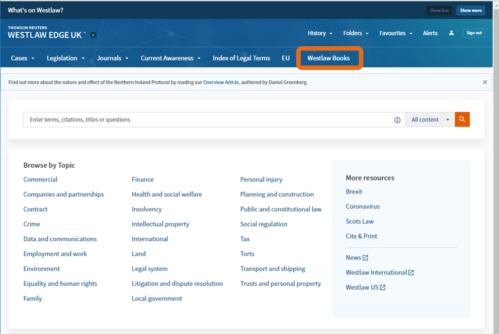 An image of the Westlaw homepage screen with the 'Books' menu option highlighted.