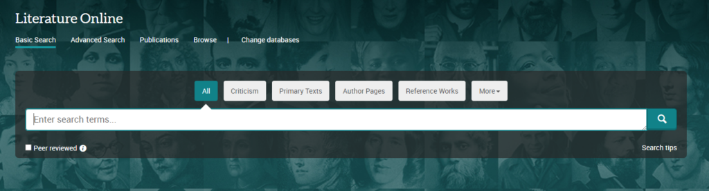 Screenshot of the Literature Online homepage, showing the basic search options.