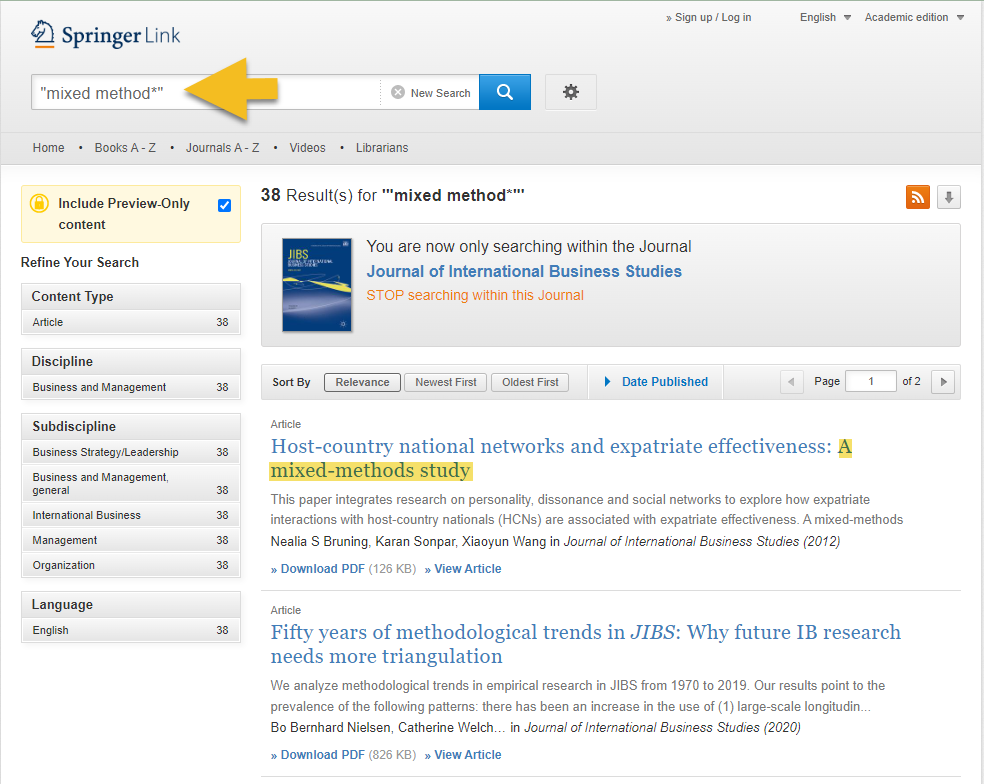 Screen shot of searching within a business journal for an empirical research method