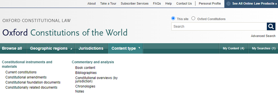 An image of the search menus for Oxford Constitutions of the World.