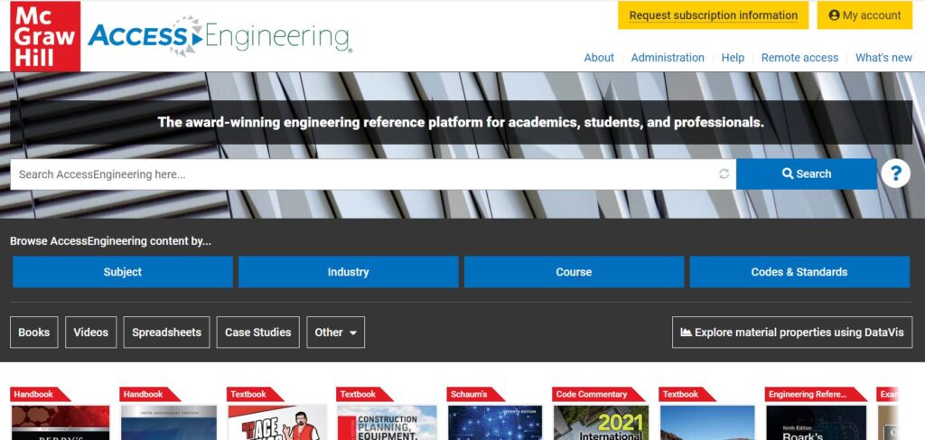 Screenshot of access engineering homepage with search and browse options.