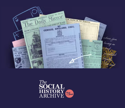 The Social History Archive logo with illustrations of papers. 
