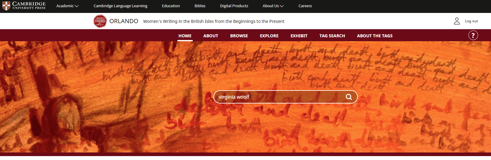 Orlando: Women's Writing homepage showing search of "Virginia Woolf"