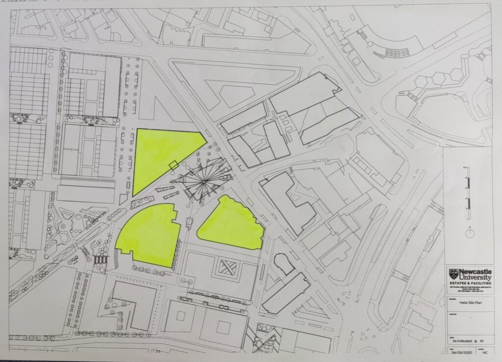 Image: Maps of the University’s city centre estates. University owned buildings have a thicker border around them, those highlighted in solid yellow have solar power systems installed, and those highlighted with yellow stripes have solar systems currently under construction. Credit: Author.
